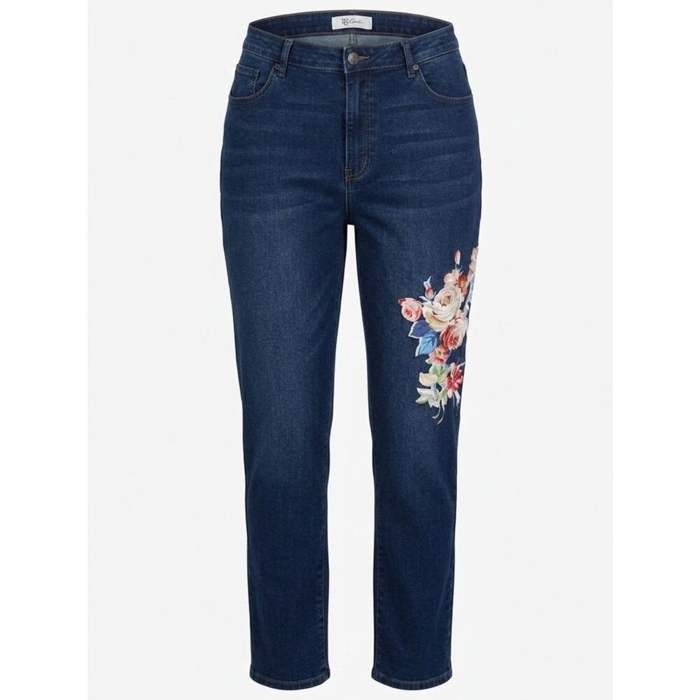 DG2 by Diane Gilman Dark Blue Straight-Leg Jeans with Floral Embroidery